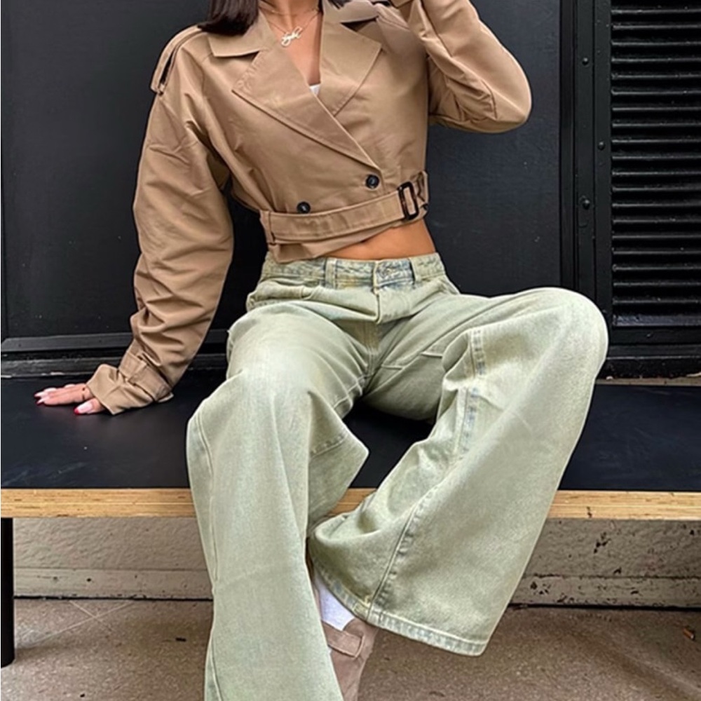 Tan belted crop trench coat